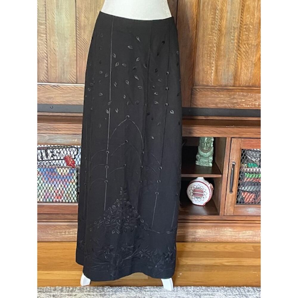 Talbots Black‎ Label Maxi Skirt Size 10 Black Wool w/ Black Embroidered Pattern